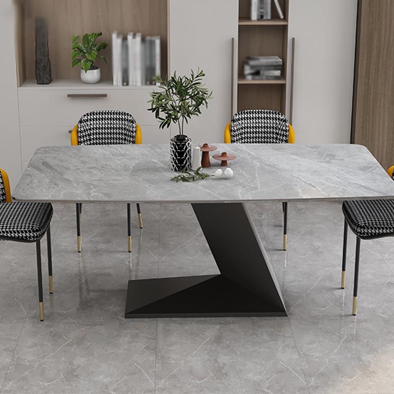 Stone Top Modern Dining Room Table Rectangle Dining Table with Black Pedestal Base