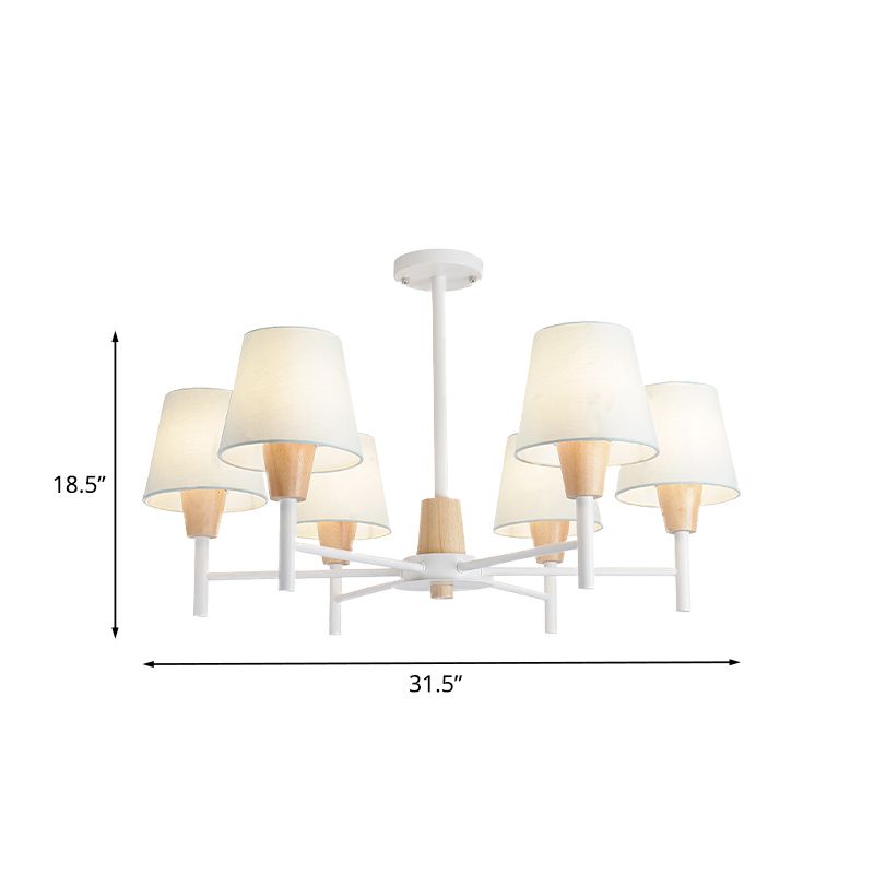 Nordic 6 Lights Semi Flush White-Wood Tapered Ceiling Mount Chandelier with Fabric Lampshade