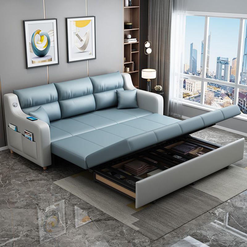 Blue Convertible Sofa Bed Sewn Pillow Back Sofa with Storage
