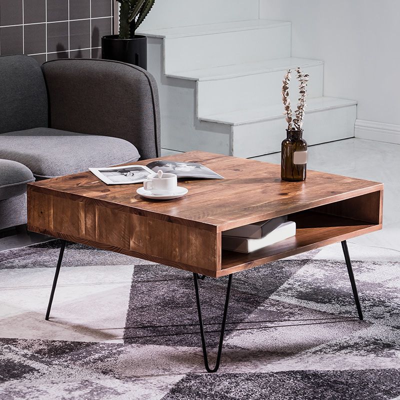 Contemporary Coffee Table with with Brown Top and Black Iron Legs