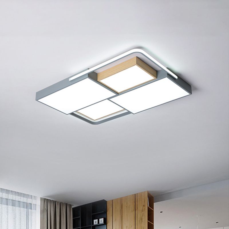 20.5"/34" Wide Nordic LED Ceiling Light Acrylic Grey and Wood Square/Rectangle Flush Mount with Grid Design, Warm/White Light