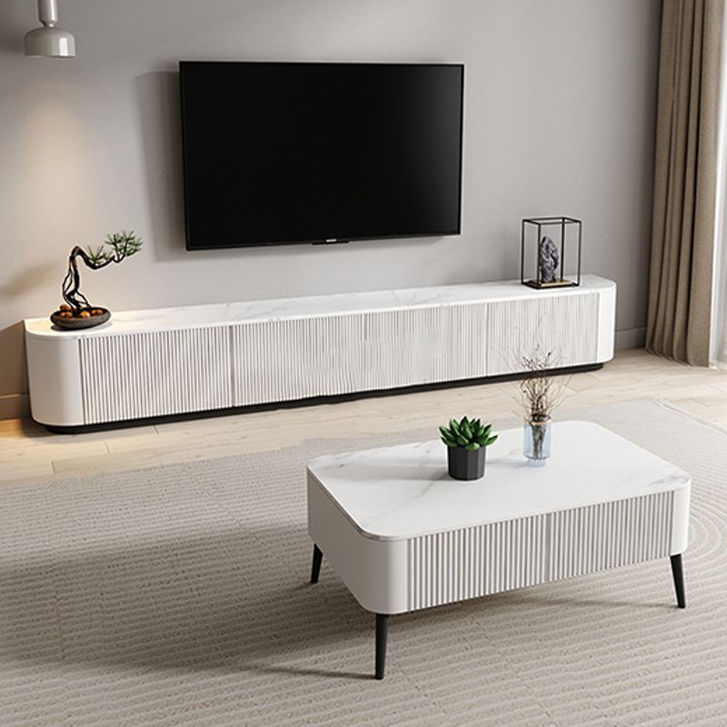 Modern White TV Media Stand 16" W Enclosed Storage Stone TV Stand with Drawers