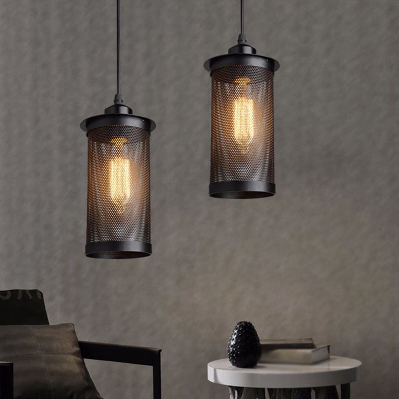 Metal Black Techo Hanging Lantern Cilíndrica Mesh 1 Cabeza Iluminación colgante industrial para café