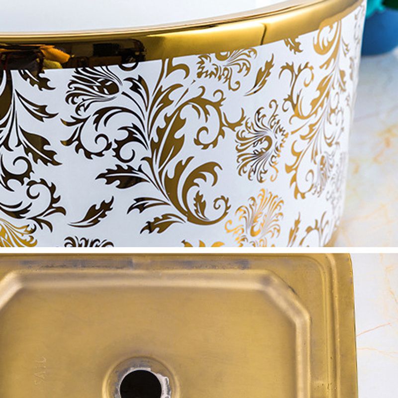 Modern Bathroom Sink Porcelain Round Hand Painted with Overflow and Faucet Wash Stand