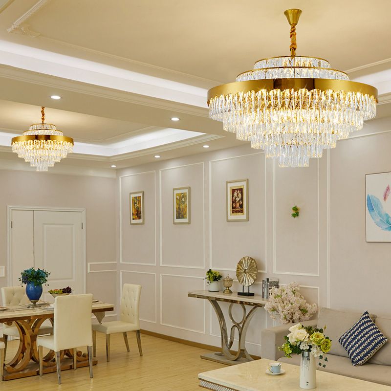 Crystal Rectangle Layers Chandelier Postmodern Golden Suspension Light for Living Room
