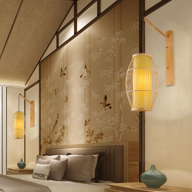 Asian Style Oblong Hanging Wall Light Bamboo 1 Bulb Bedroom Sconce Light Fixture in Beige