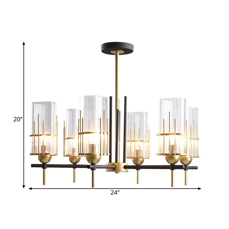 6-Head Black and Gold Chandelier Pendant Contemporary Triangular Prism Clear Glass Suspension Lamp