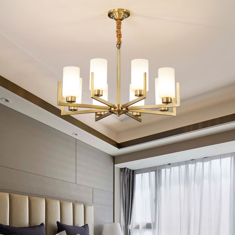 Cylindrical White Glass Shade Brass Chandelier American Style Simplicity Lighting Fixture for Living Room