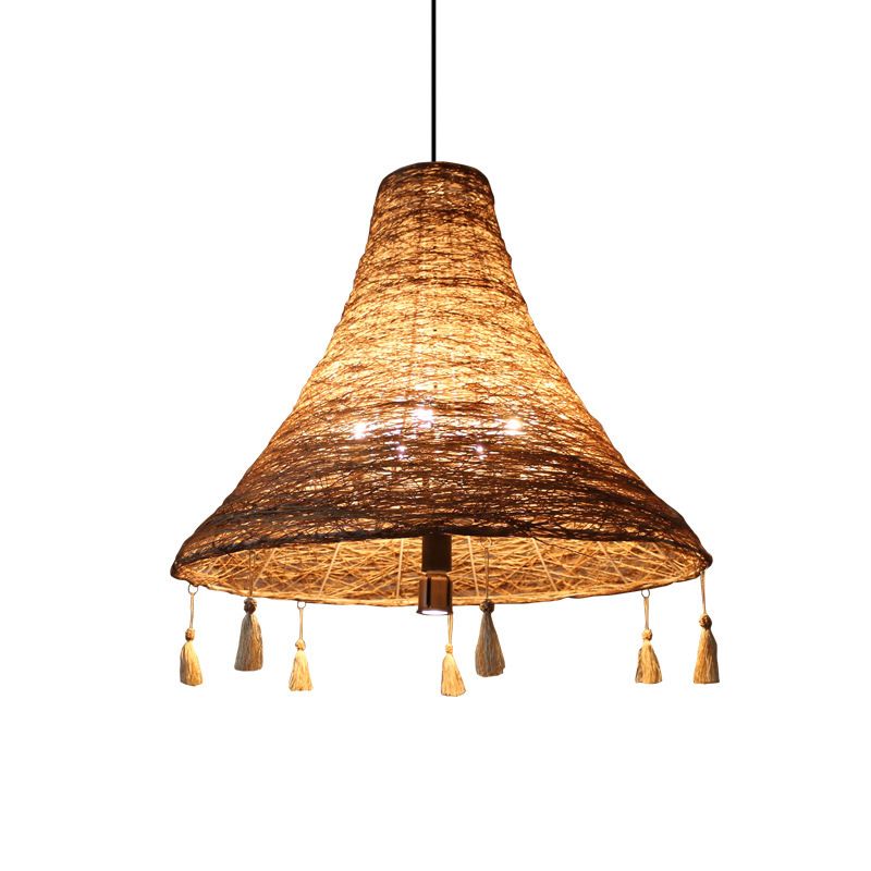 Suspension de corde évasée Manille Pendentif asiatique 23,5 "/31,5" Largeur 3 bulbes Lumière de lustre jaune avec gamin-déco