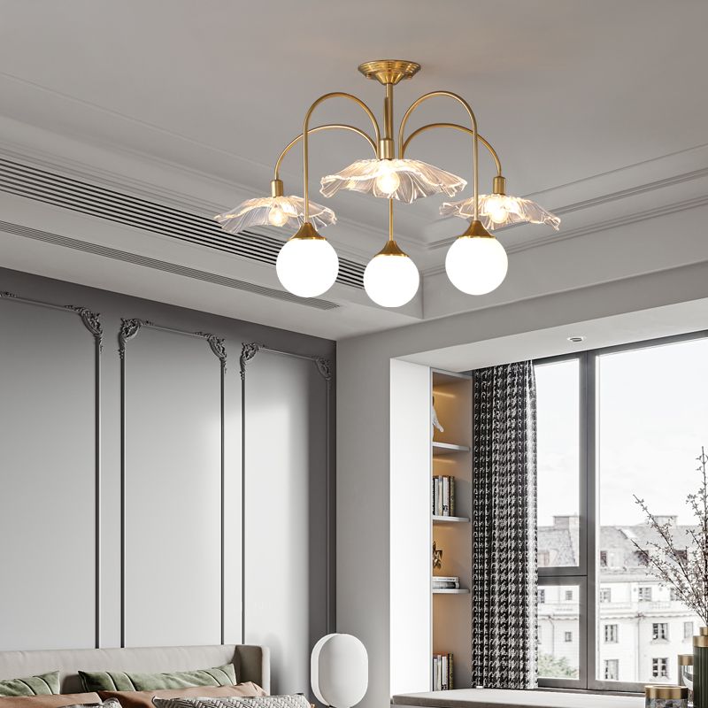 Metal Semi Flush Lamp Traditional Multi-Head Bedroom Ceiling Lighting with Glass Shade