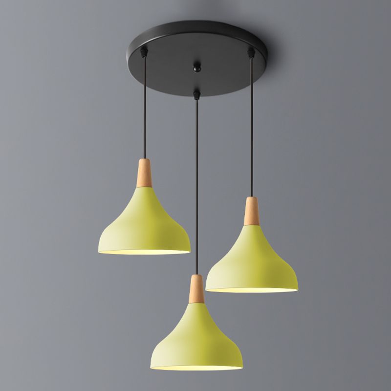 Swell Shape Pendant Light Macaron Metal 3-Head Multi Hanging Light Fixture with Wood Tip