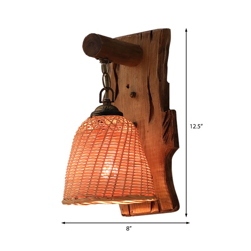 Wood Cone/Cylinder Wall Lamp Traditional 1 Head Beige Sconce Light Fixture with Rectangle Backplate