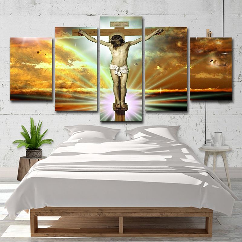 Global Inspired Religion Wall Art Yellow Jesus on the Cross with Sunlight Background Canvas