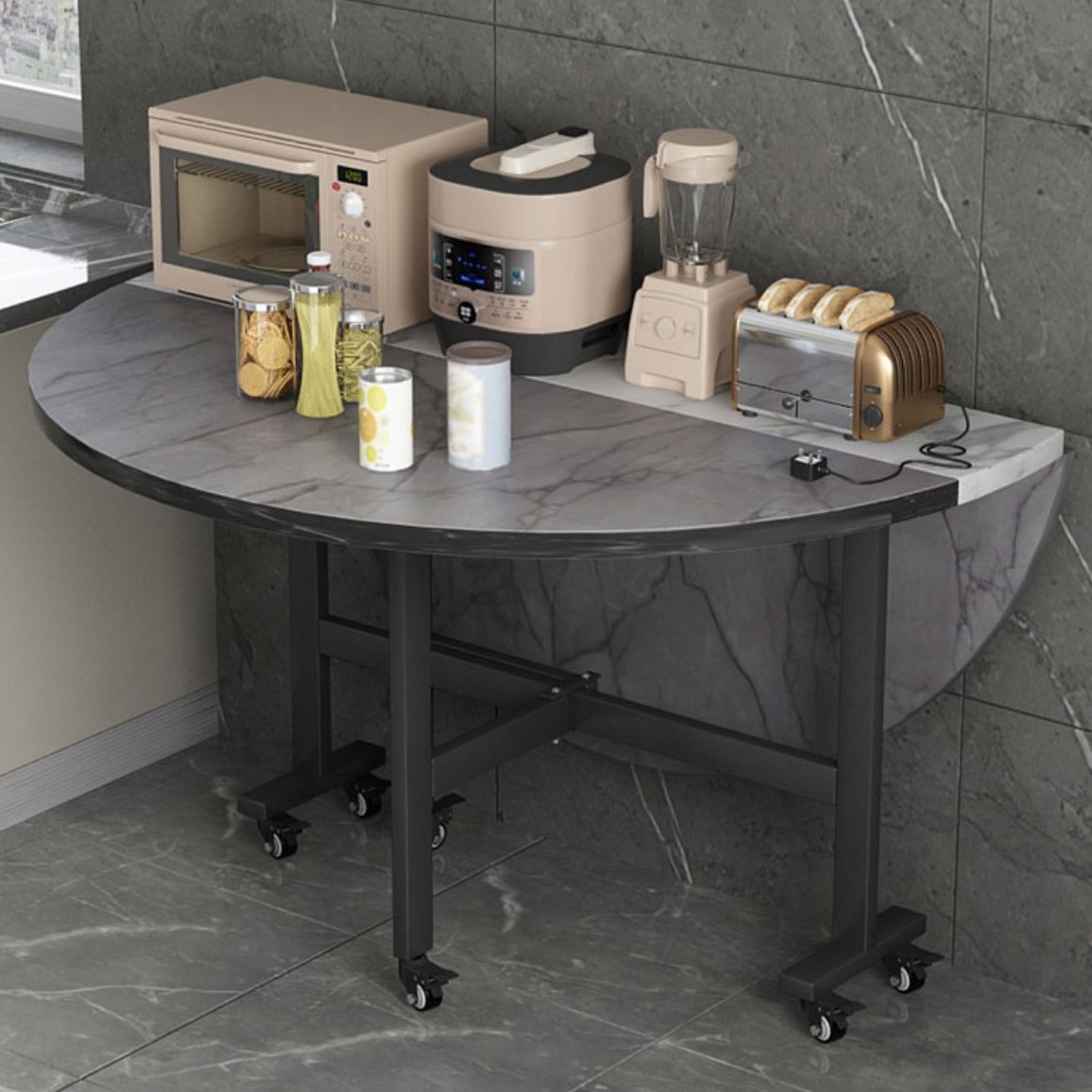 Modern Foldable Dining Table Round Grey Wood Tabletop with Metal Trestle Base