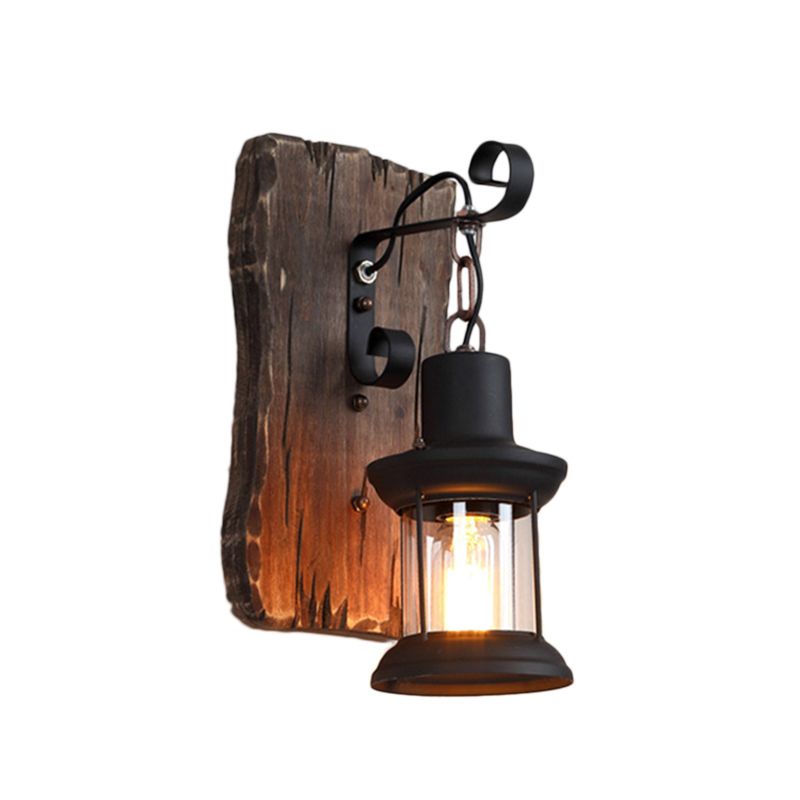 Black One Light Sconce Light Rustic Clear Glass Caged Lighting Fixture with Wooden Backplate