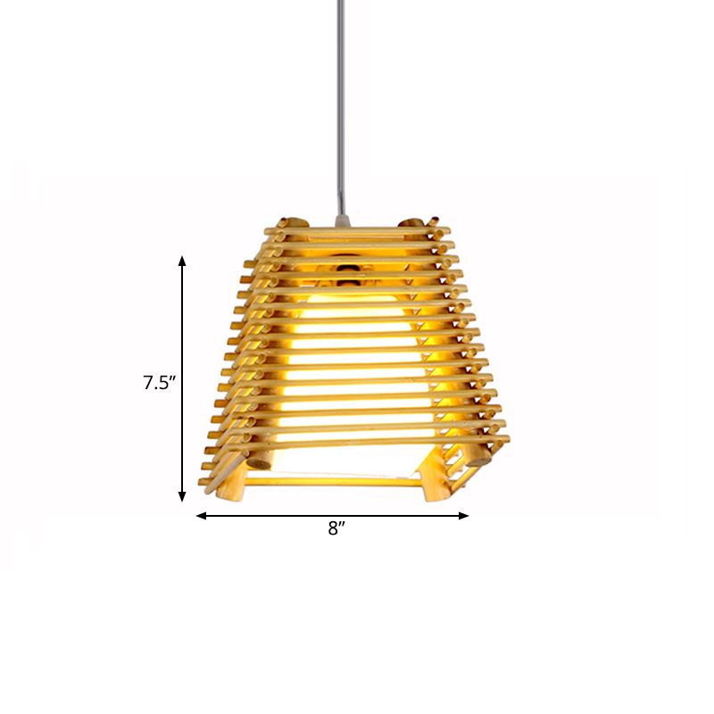 Luz de la luz colgante del trapezoide de bambú Luz de techo de madera natural de 1 bomba con sombra de vidrio blanco