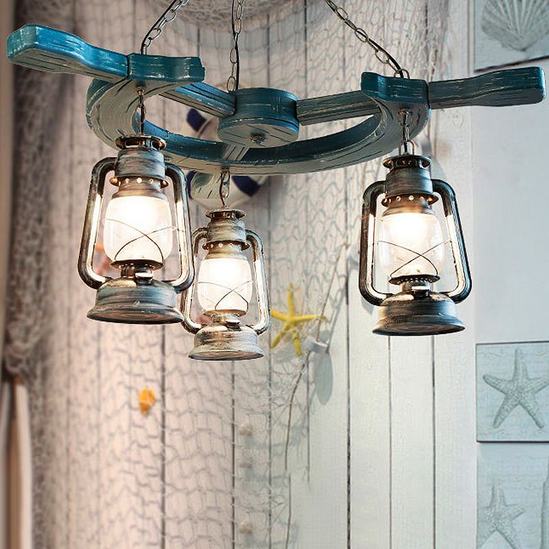 3 Lights Living Room Chandelier Light Industrial Blue Pendant with Kerosene Clear Glass Shade
