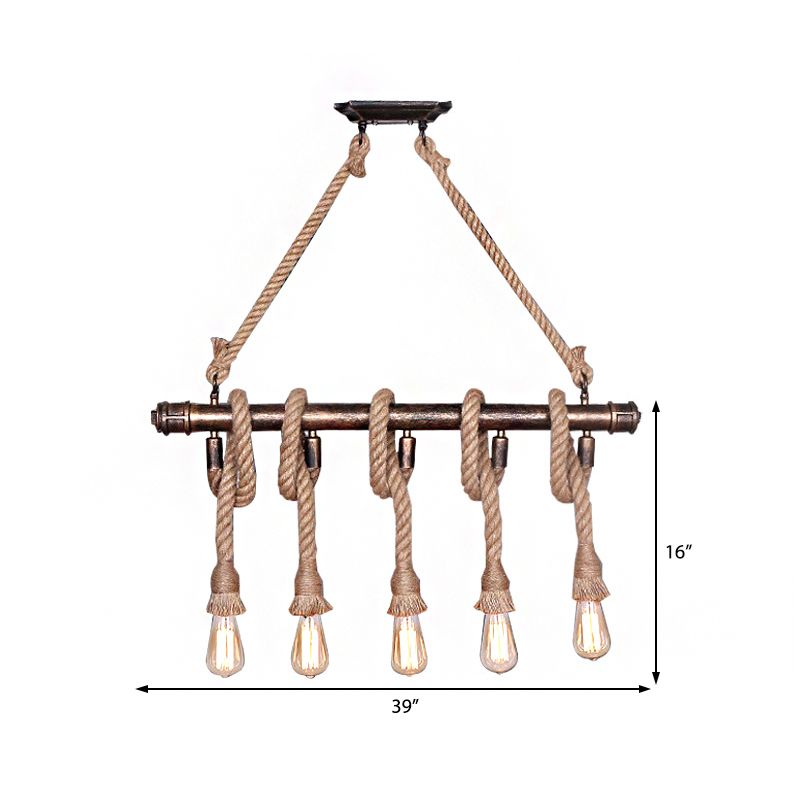 3/5 Heads Open Bulb Island Pendant Warehouse Beige Metal Hanging Ceiling Light for Dining Room with Rope Wrapped Accent