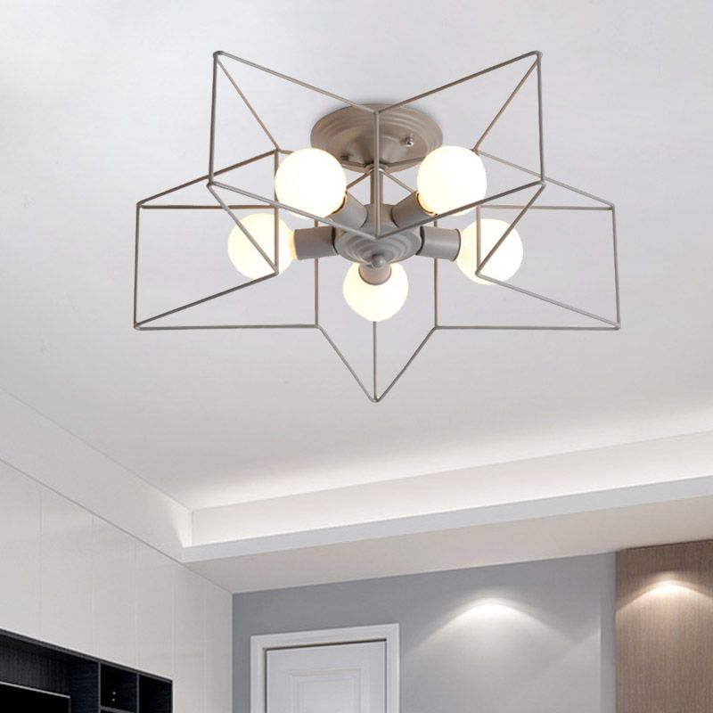 Pentacle Frame Iron Flush Mount Light Kids 5-Bulb Pink/Grey/Blue Semi Flush Ceiling Light for Baby Room