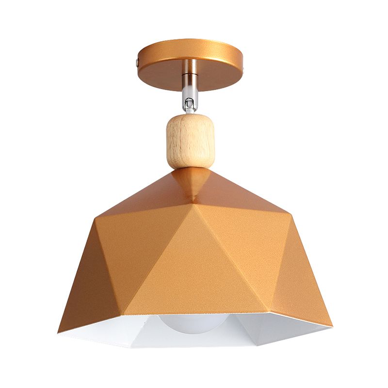 Pivot Shade Faceted Dome Flush Light Macaron Metal Single Apartment Semi Flush Mount Ceiling Fixture in Pink/Gold-Wood