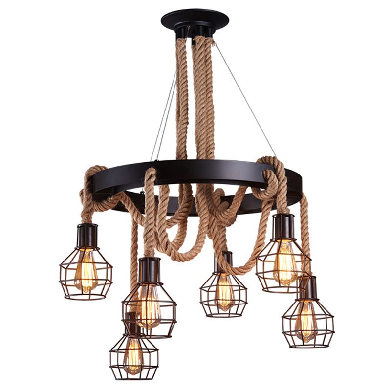 Natural Rope Brown Chandelier Geometric Shape Countryside Suspension Light Fixture