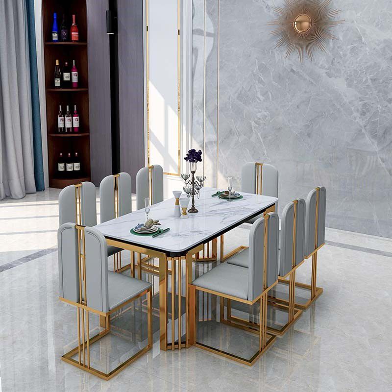 Rectangle White Top Dining Table Traditional Luxury Dining Table with Gold Frame