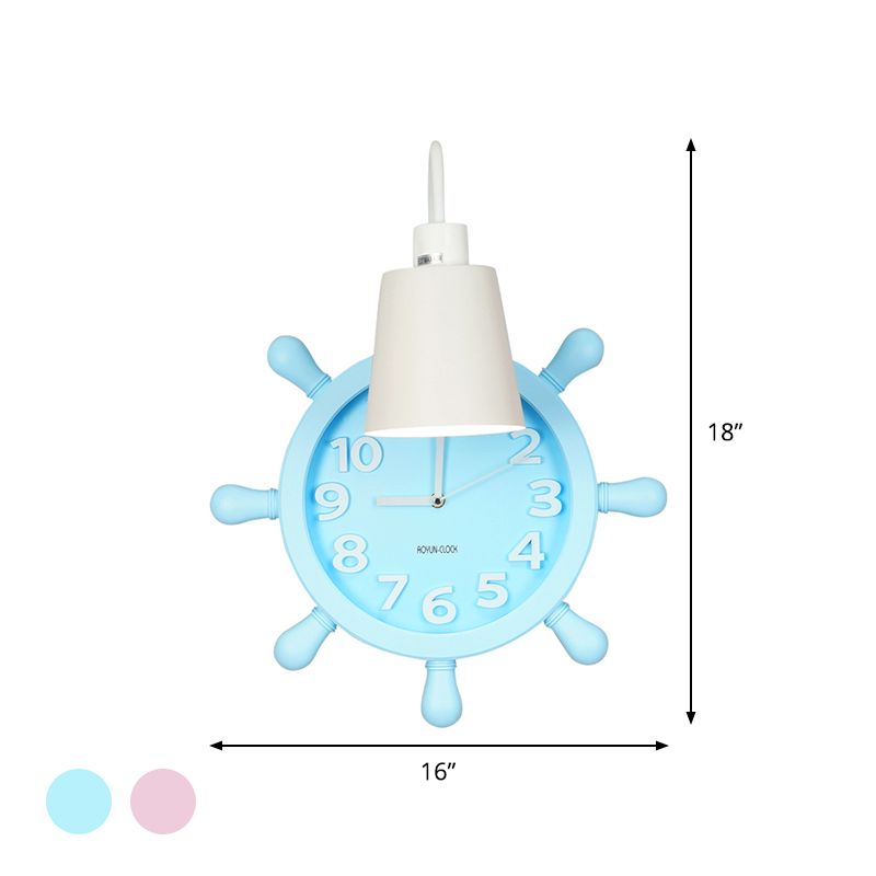 Clock Wall Mounted Light with Rudder Design Kids Metal 1 Light Pink/Blue Finish Wall Lamp Fixture for Bedside