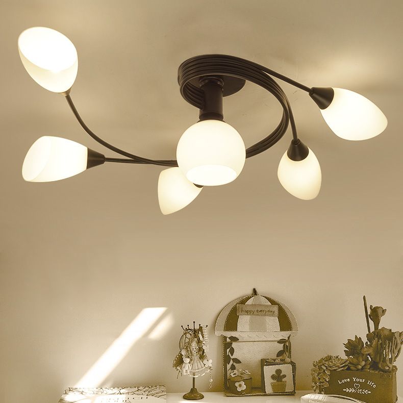 Black Radial Semi Flush Mount in Traditional Retro Style Wrought Iron Ceiling Light with Glass Shade