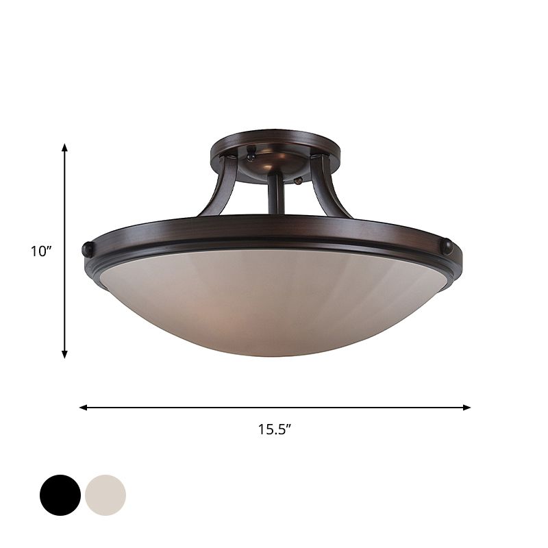 Black/Silver 3-Light Semi Flush Mount Classic Frosted Glass Bowl Flush Light Fixture for Bedroom