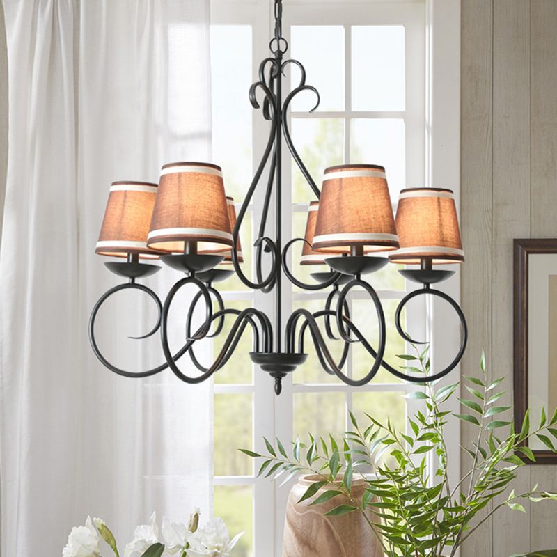 6 Lights Fabric Chandelier Light Traditional Coffee/Flaxen/White Conical Dining Room Hanging Light Fixture