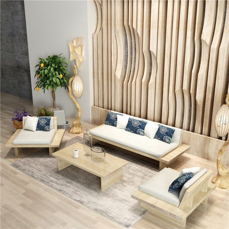 Tropical Solid Wood Frame Sofa Beige Linen Cushion Sofa with Pillows