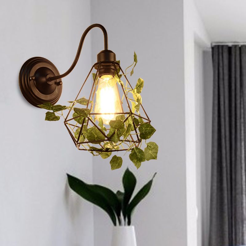 1 Light Wall Lighting Fixture Industrial Diamond/Globe/Square Metal LED Wall Lamp Sconce in Black with Plant