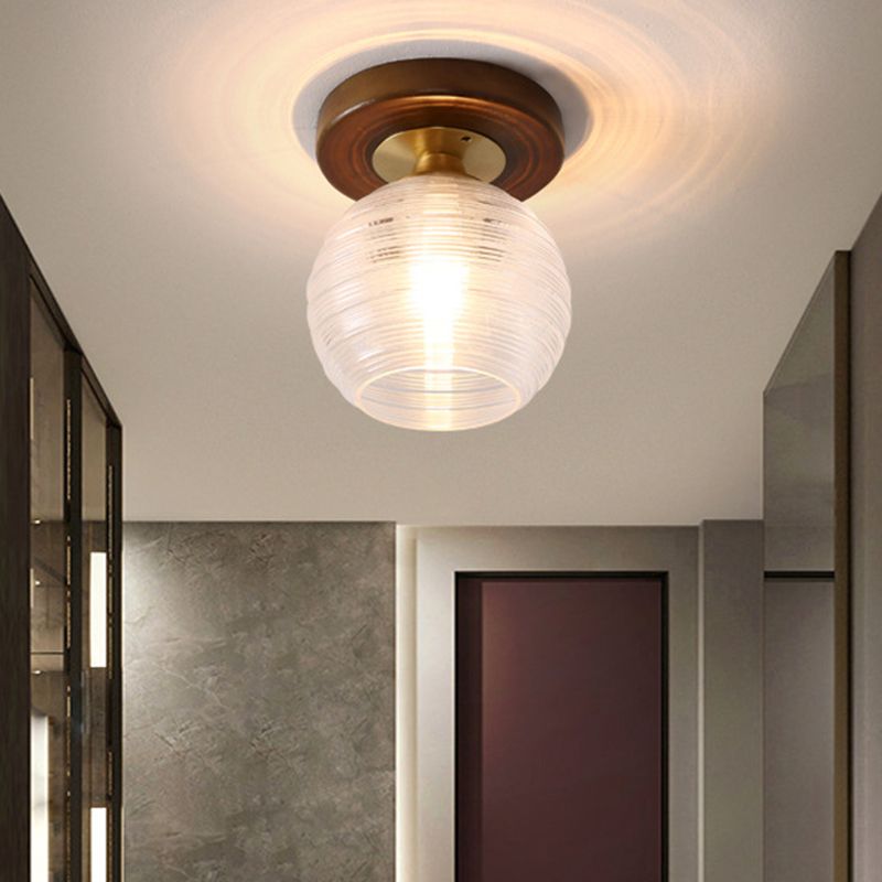 Simplicity Small Ceiling Flush Light Clear Glass 1 Bulb Entryway Flush Mount Light in Dark Wood