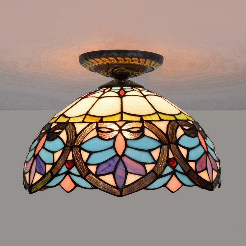 8.5"/12" W 1 Light Flush Light Victorian Flower Patterned Cut Glass Ceiling Mounted Fixture in Brass with Globe/Dome Shade