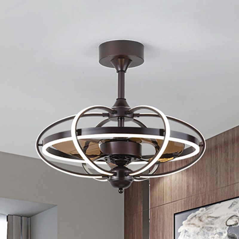 Silber/Weiß/Gold Oval Cage Semi Flush Mount Simplicity LED Silicon Hanging Lüfter Licht mit 3 braunen Klingen, 19,5 "H