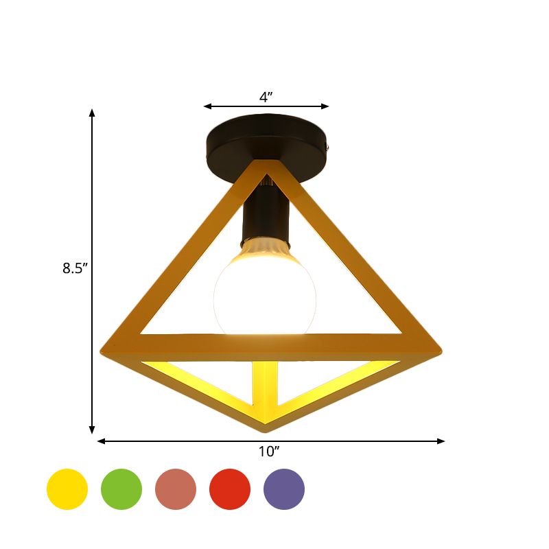 Loft Style Triangle Ceiling Fixture with Cage Shade 1 Bulb Metallic Semi Flush Mount Light in Black/Red