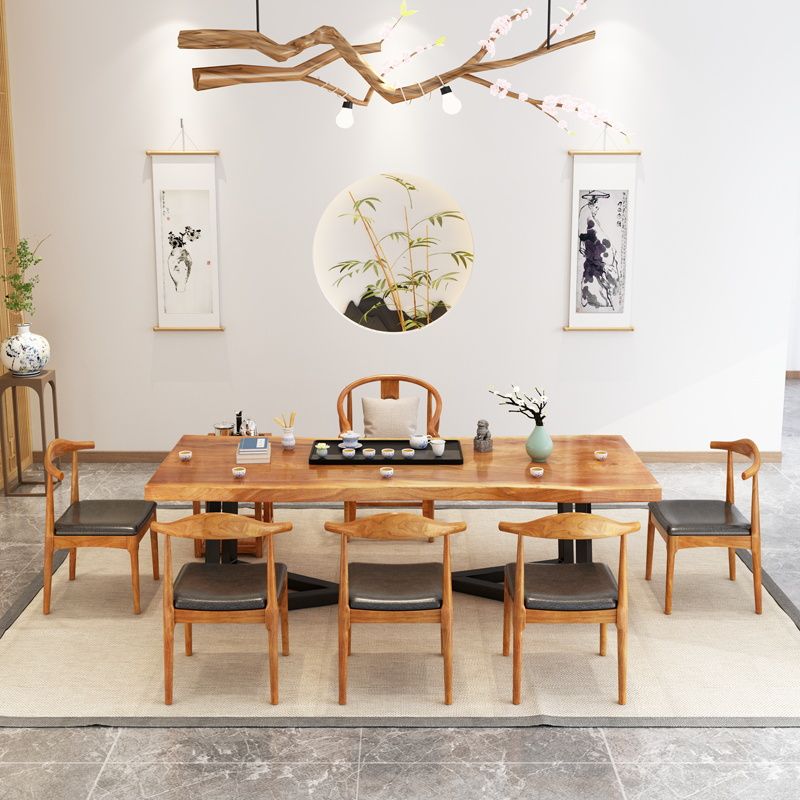 Industrial Rectangle Dining Table Pine Solid Wood Table with Black Trestle Base for Dining Room
