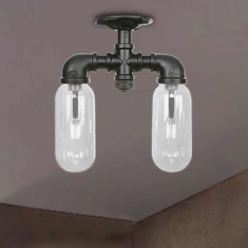 Lampada da soffitto per interni con paralume a capsula nero opaco vintage a 2 luci in vetro trasparente con montaggio a semicerchio e design a tubo