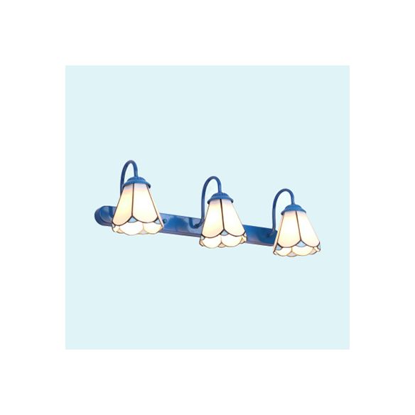 Conical Vanity Light Fixture Tiffany White/Blue Glass 3 Heads Wall Mount Light for Bathroom