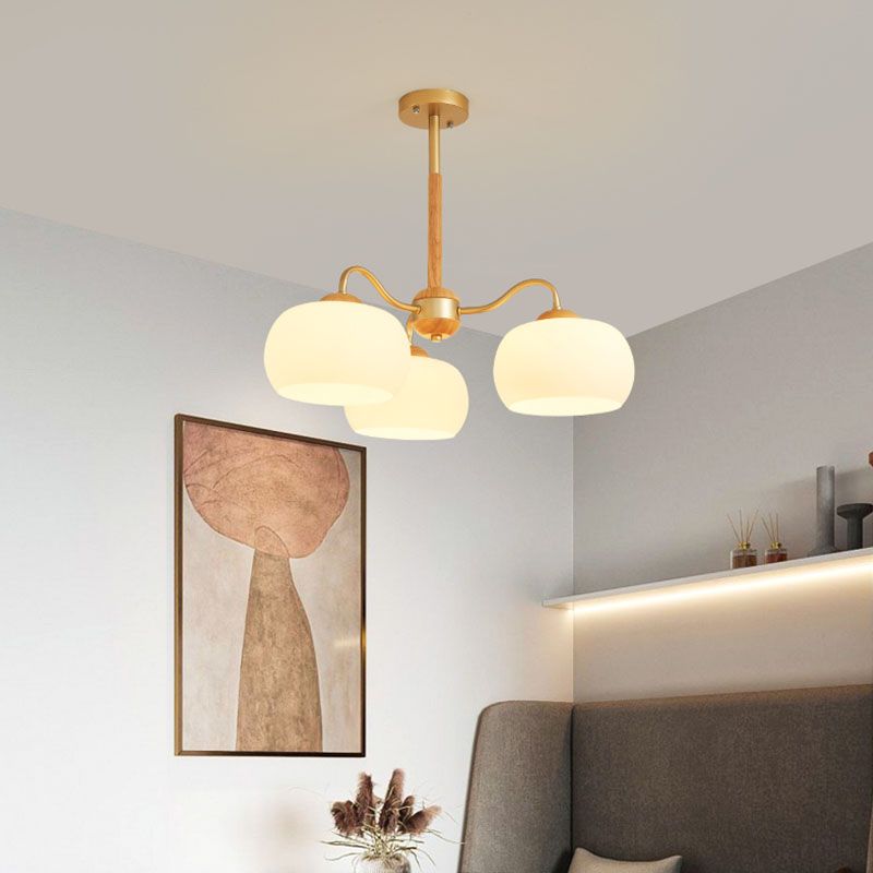 Solid Wood Domed Chandelier Lighting Nordic Hanging Light with White Glass Shade