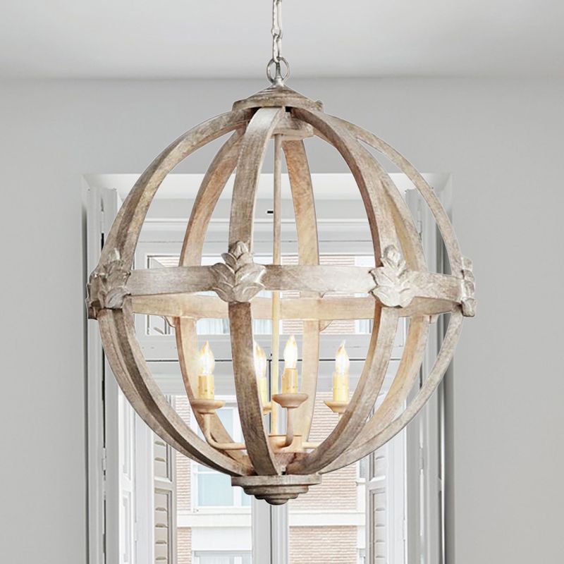 Holzkugel Kronleuchter Lampe Nordic 4 Lampen Distelte weiße Anhänger -Beleuchtung mit verstellbarer Kette
