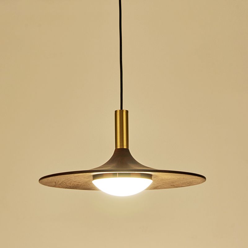 Wide Flared Walnut Wood Suspension Lamp Minimalist Dark Brown LED Pendant Lighting Fixture