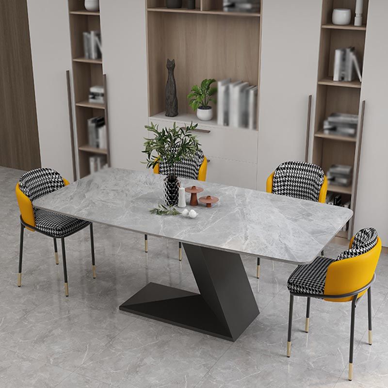 Stone Top Rectangle Dinner Table Modern Iron Pedestal Casual Dining Table