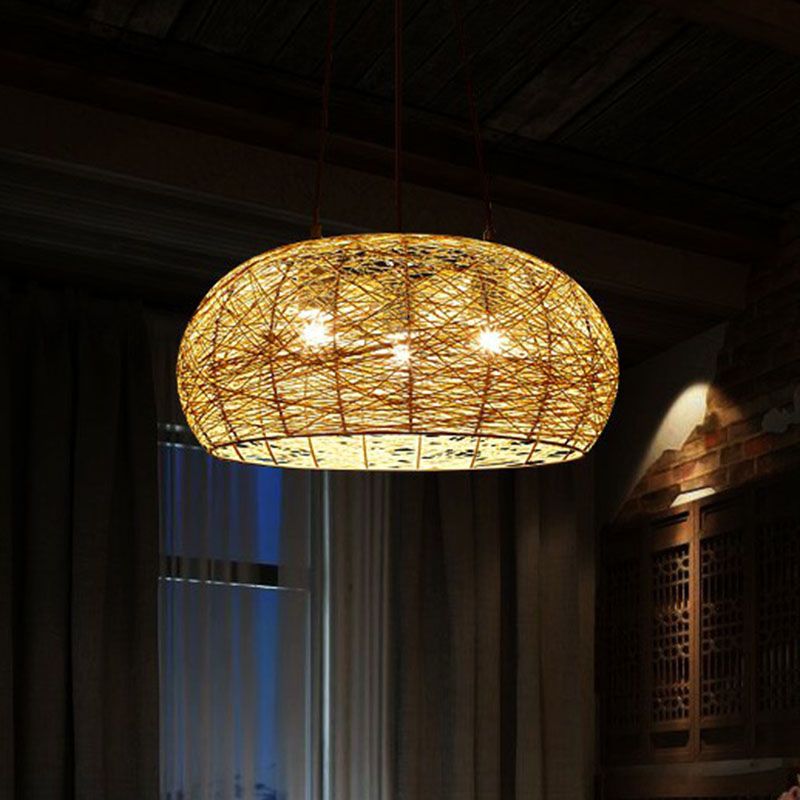 Dome Shade Restaurant lustre Light Rattan 3 Heads Chinois Pendant Lightture