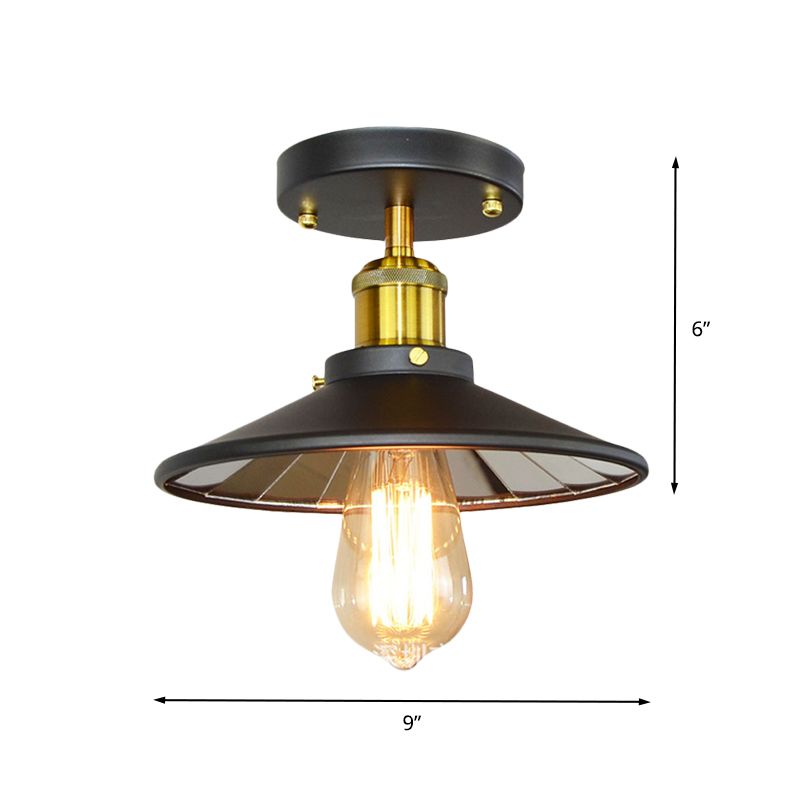 Metal Wide Flare Semi Flush Lighting Industrial 1-Light Study Room Close to Ceiling Lamp in Black