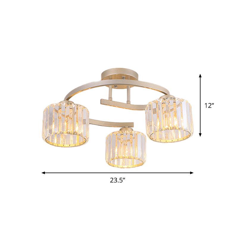 Crystal Prism Cup Semi Flush Chandelier Contemporary 3 Heads slaapkamer plafondmontage lamp met goud gebogen arm