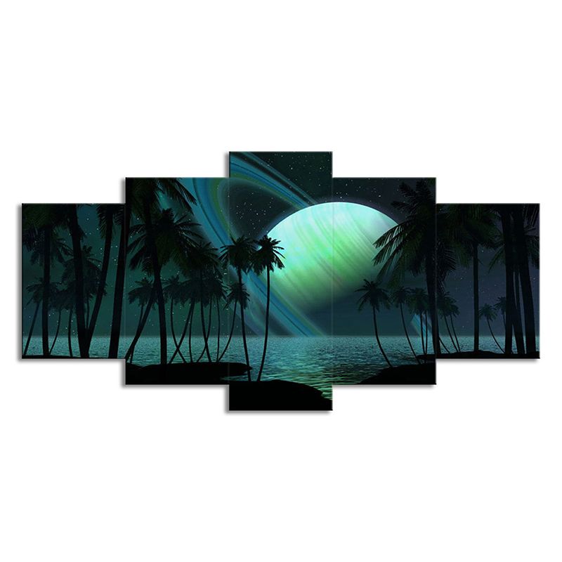 Tropics Night Seascape Canvas Green Ringed Planet Wall Art Print for Family Room