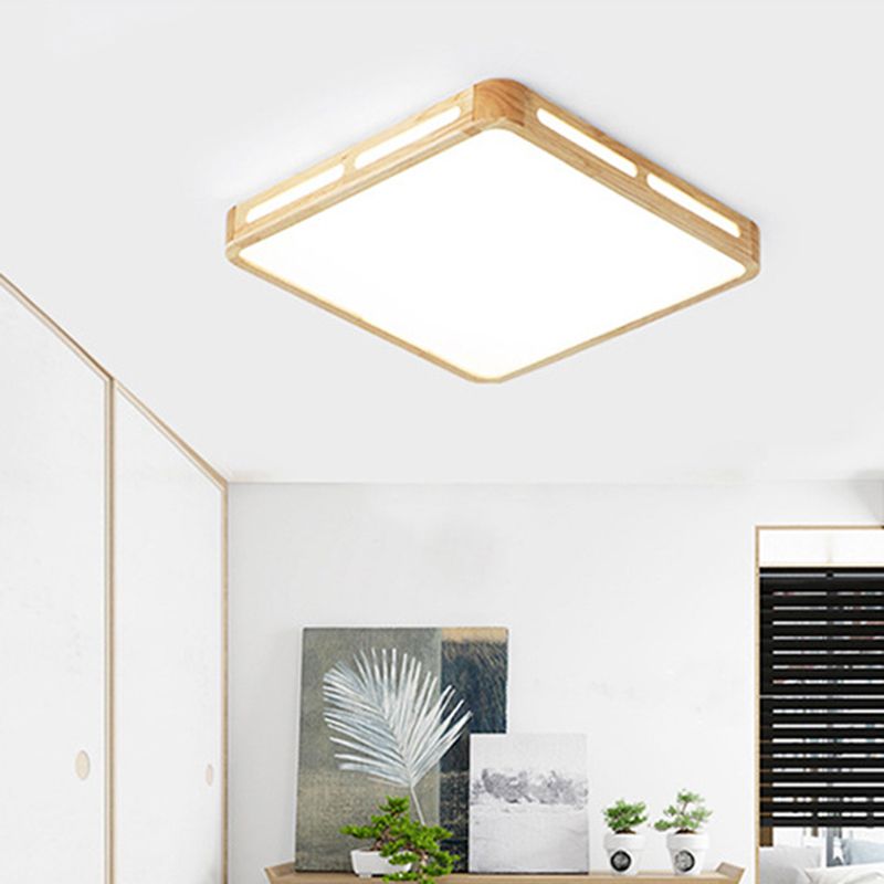 Japanese Square LED Flush Mount Wood Bedroom Flushmount Ceiling Light with Acrylic Shade