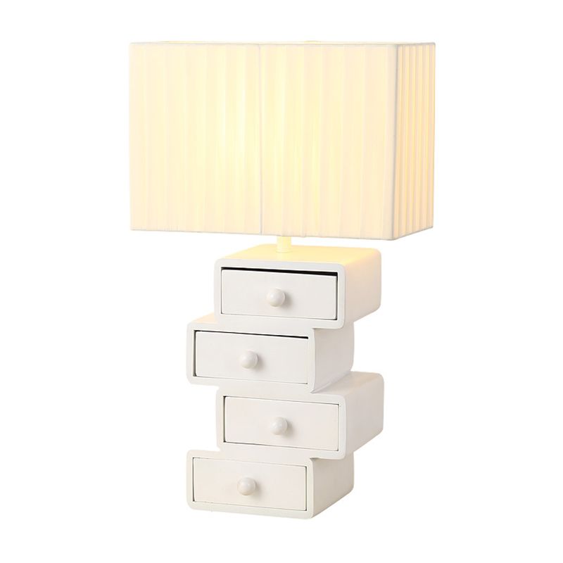 Luz de mesa de tela rectángulo 1 cabeza 1 cabeza lámpara de mesita de noche blanca con base de madera de cajón