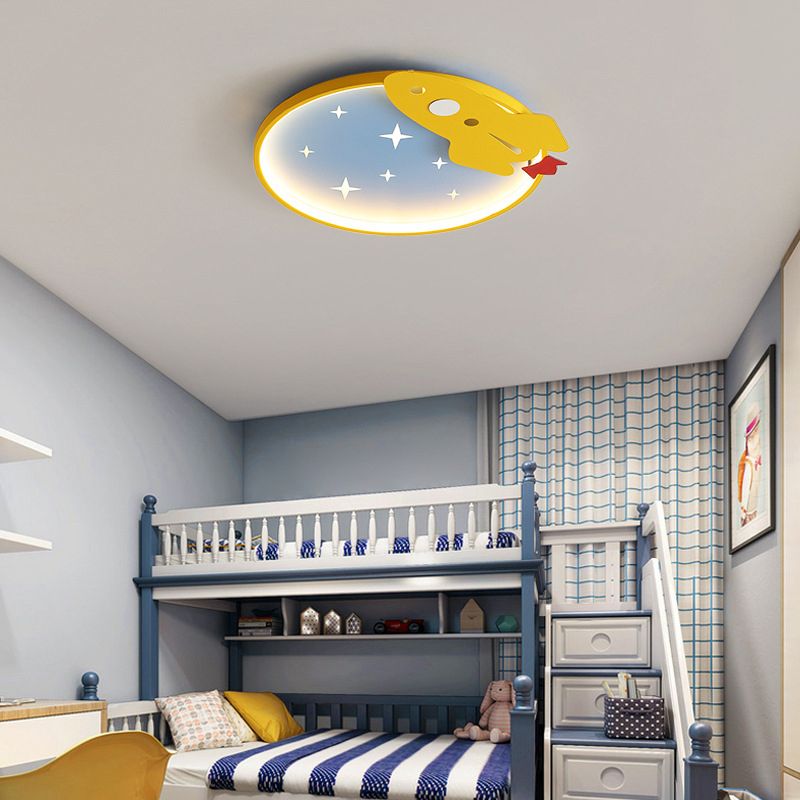 Lampe de plafond LED en métal de dessin animé de lumière affleurante de cercle jaune-bleu avec le décor de fusée